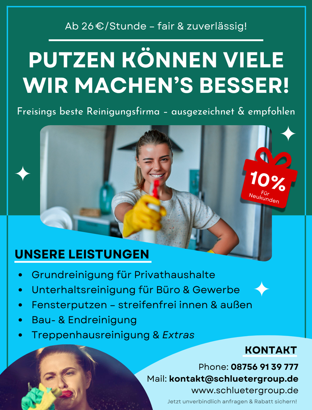 Moderne Werbeanzeige der Schlueter Group mit Putzkraft und 10 % Rabatt für Neukunden